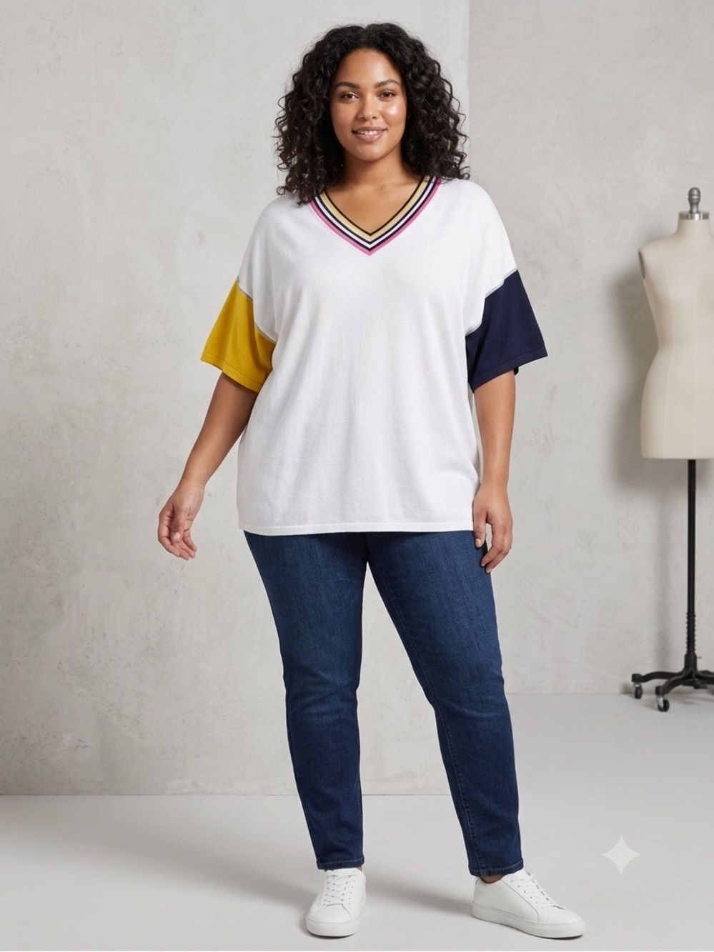 GABBY ISABELLA White V-Neck Colorblock Top with Yellow & Navy Sleeves SIZE XL